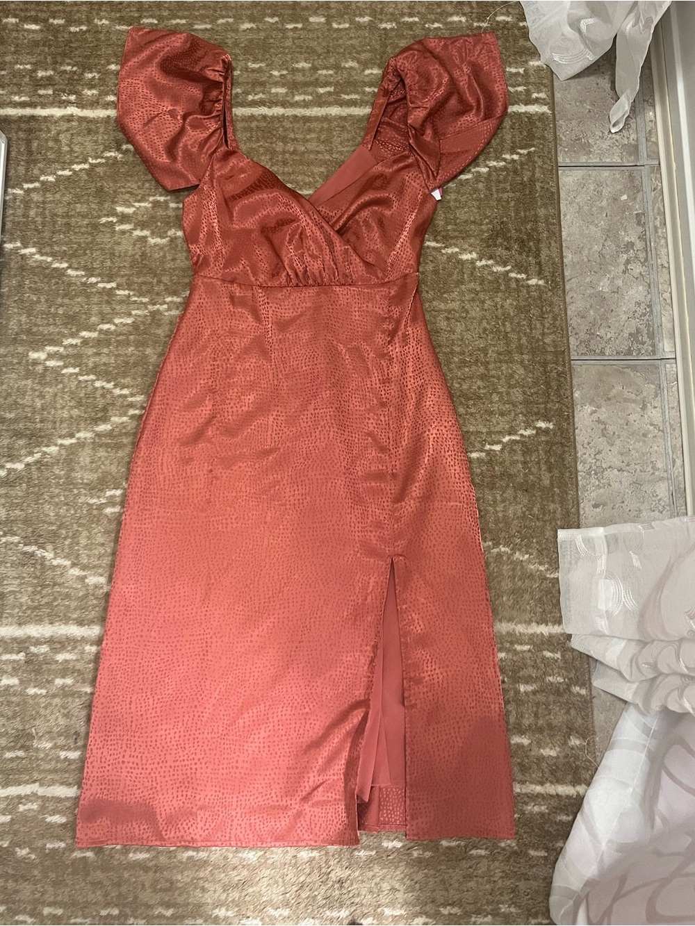 Shoe Dazzle Rusty Terracotta Puff-Sleeve Midi Dress with Side Slit